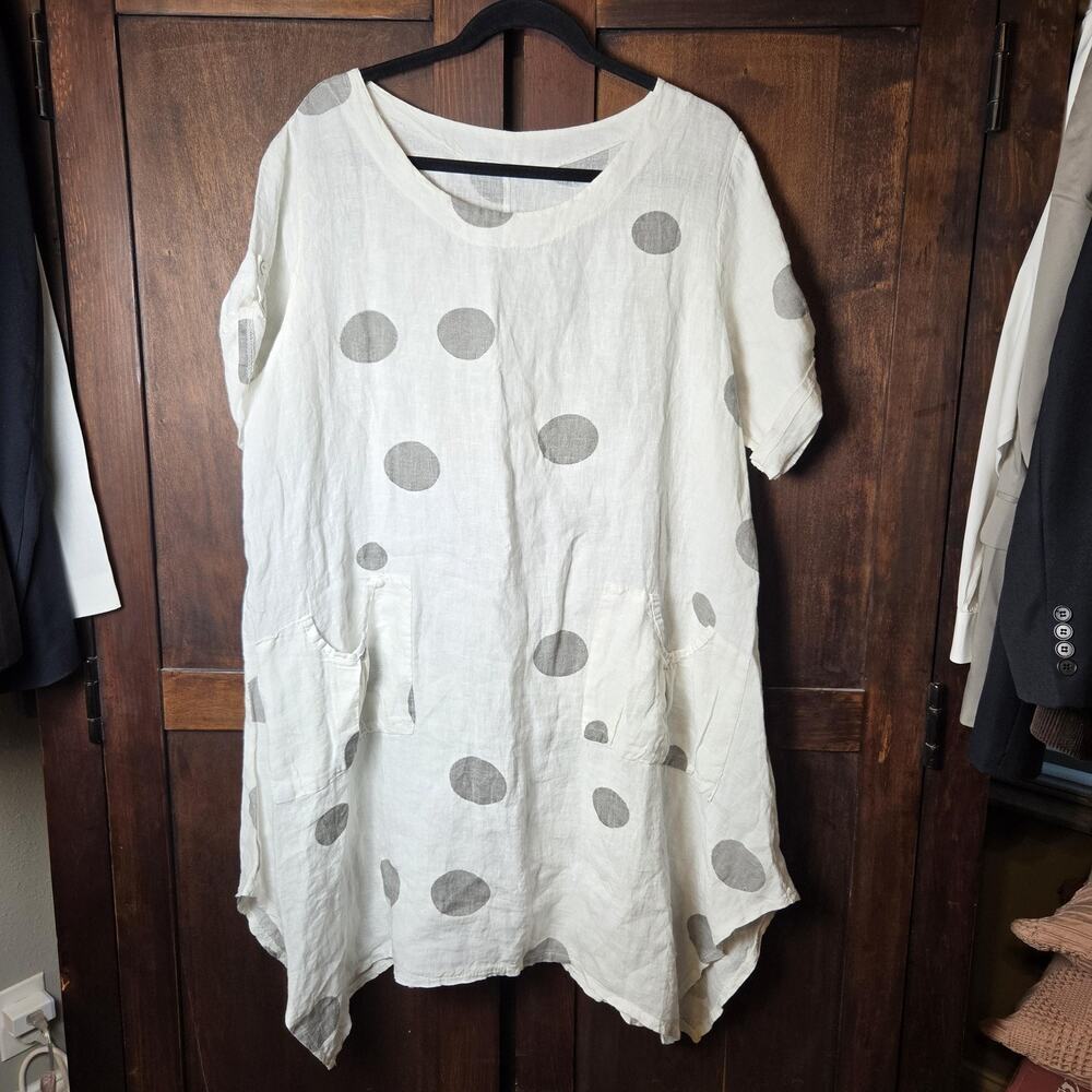 VASNA Dress Womens 1X White Linen Polka Dot Swing Pockets Roll Tab Italy Boho
